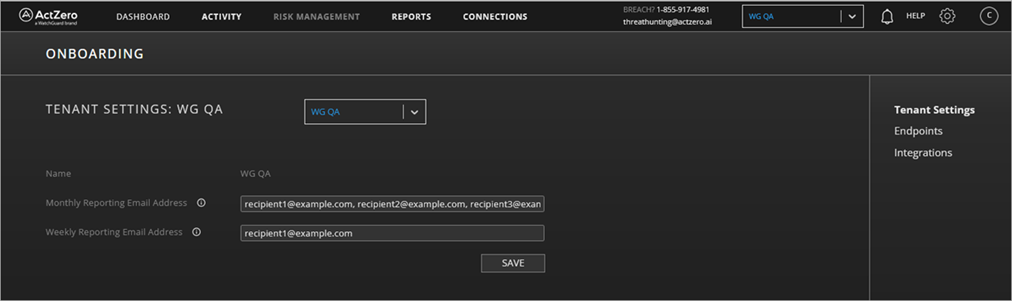 Screen shot of MDR portal Tenant Settings page