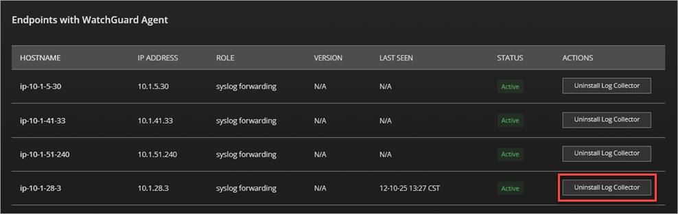 Screenshot of the WatchGuard Agent page that shows endpoints with Syslog Collector installed