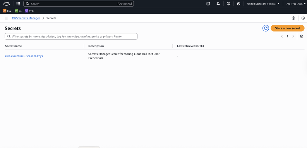Screen shot of the AWS Secrets page