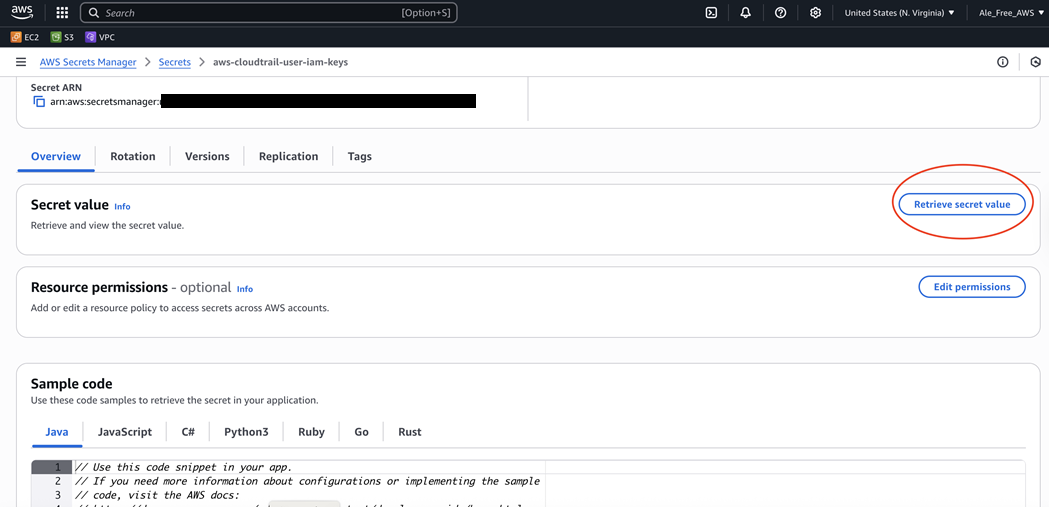 Screen shot of the AWS Secret value Overview tab