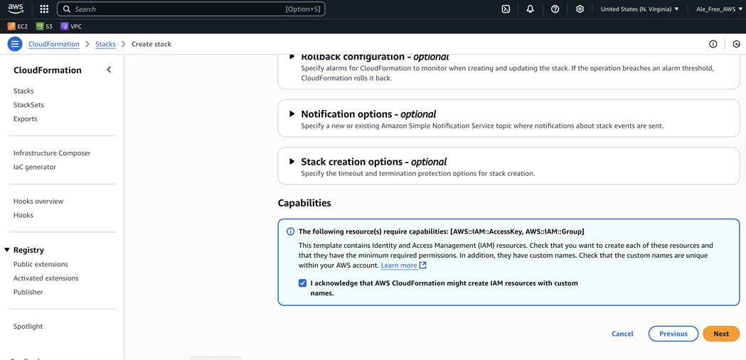 Screen shot of the configure stack options page