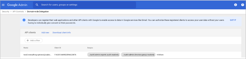 Screen shot of Google Admin API Controls Domain-wide Delegation page