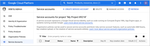 Screen shot of Google Workspace Service Accounts page