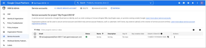 Screen shot of Google Workspace Service Accounts page