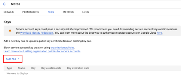 Screen shot of Google Workspace Service Accounts Keys tab