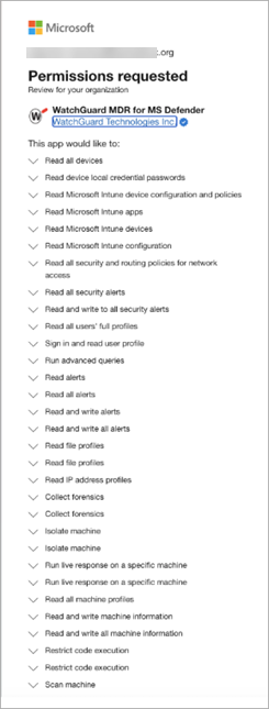 Screen shot of Microsoft Permissions Requested dialog box