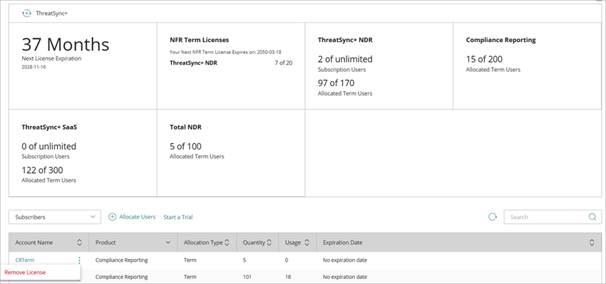 Screen shot of remove licenses in Compliance Reporting