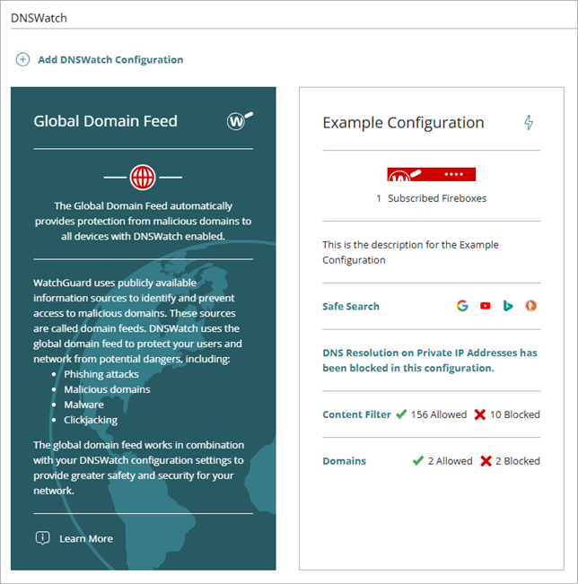 Screenshot of the DNSWatch page in WatchGuard Cloud with the newly added configuration. 