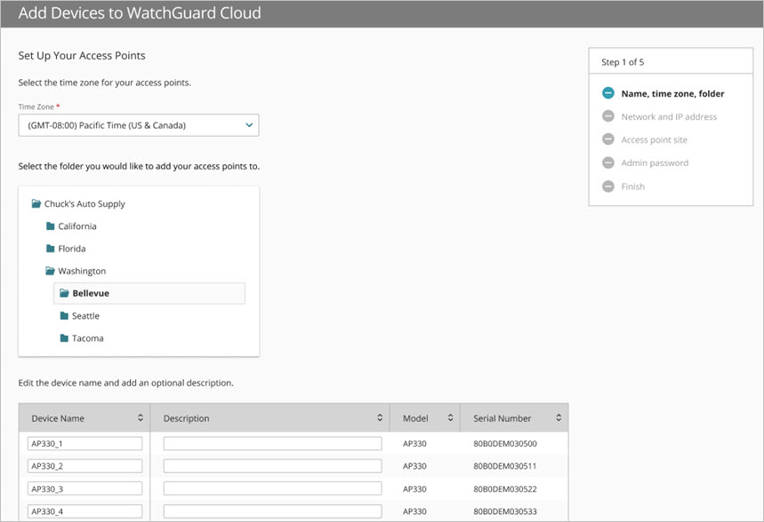 Screenshot of the Add Device Wizard for multiple access points - Name, Time Zone, Folder page