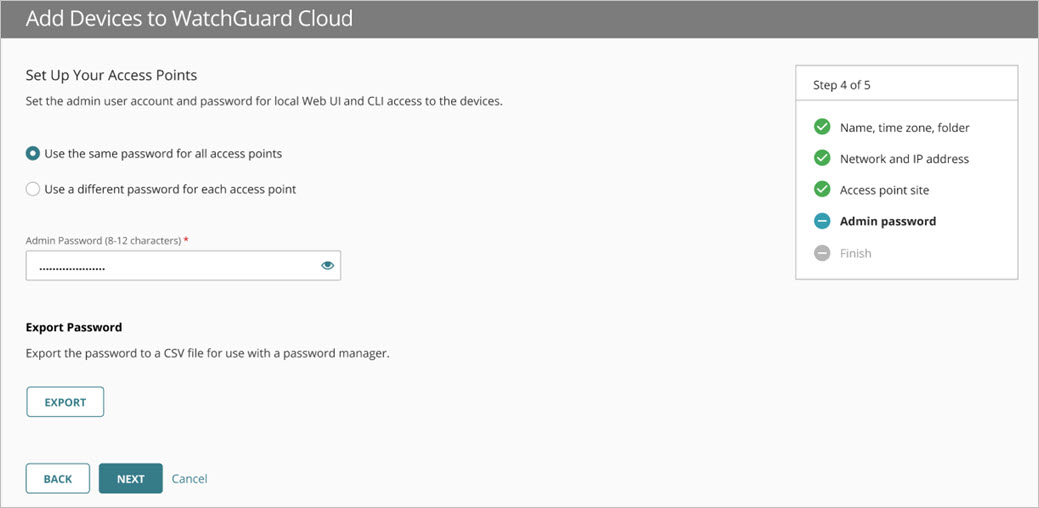 Screenshot of the Add Device Wizard for multiple access points - Admin password