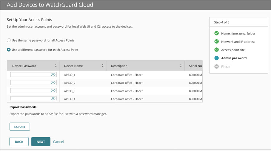 Screenshot of the Add Device Wizard for multiple access points - Different admin passwords
