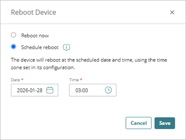 Screenshot of the Reboot Device dialog box with Schedule Reboot selected