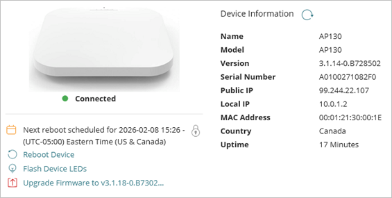 Access point device summary page with scheduled recurring reboot date indicated
