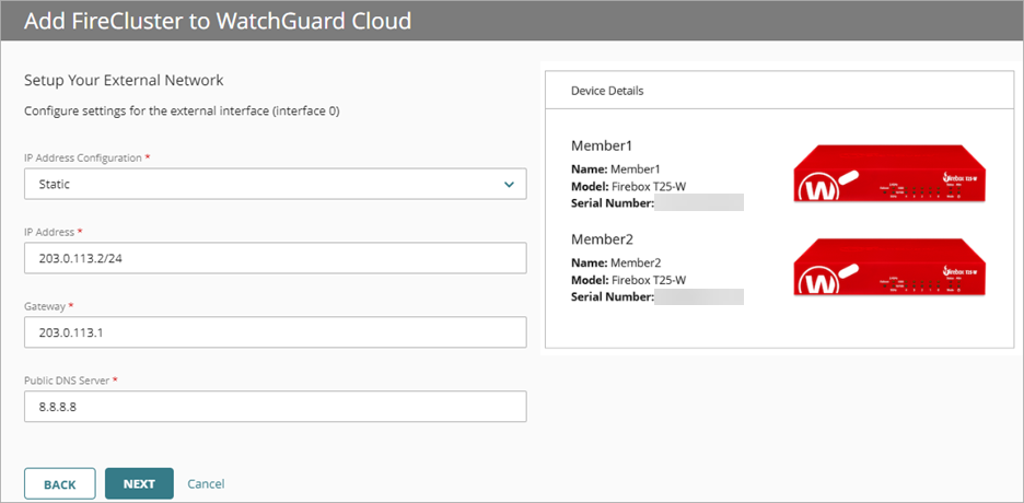 Screen shot of the external interface settings for FireCluster