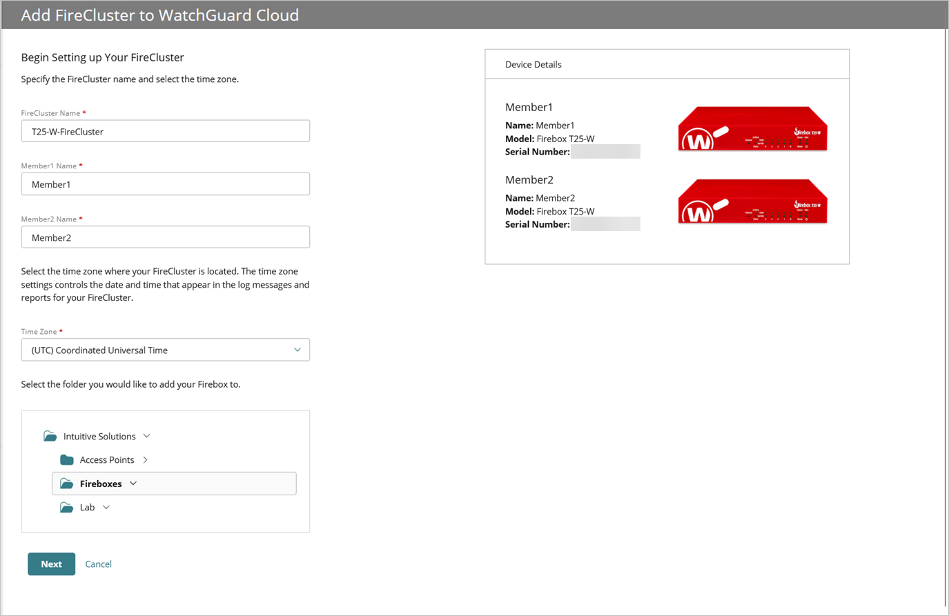 Screen shot of the Add Device Wizard name, time zone, and folder configuration page for FireCluster