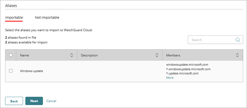 Screenshot of the Import Configuration wizard, Aliases page