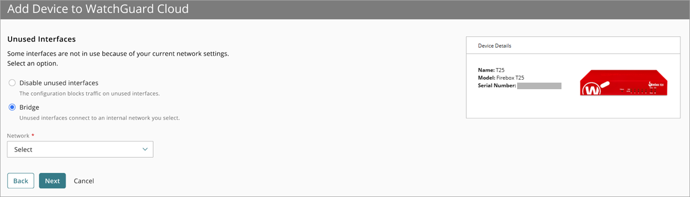Screenshot of the Bridge unused interfaces option in the Add Device wizard