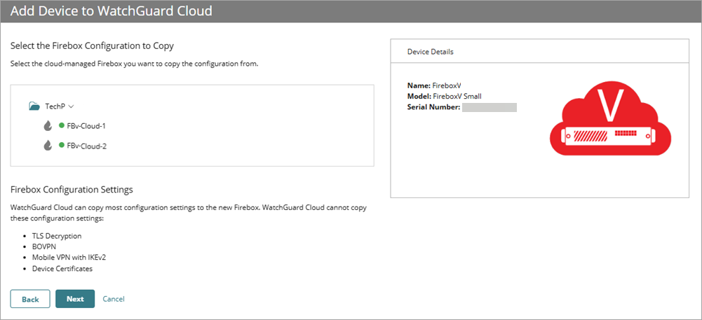 Screenshot of the Add Device wizard Firebox selection for copy configuration settings