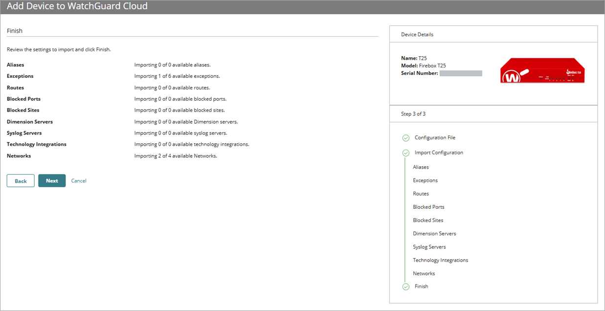 Screenshot of the Import Configuration wizard, Finish page