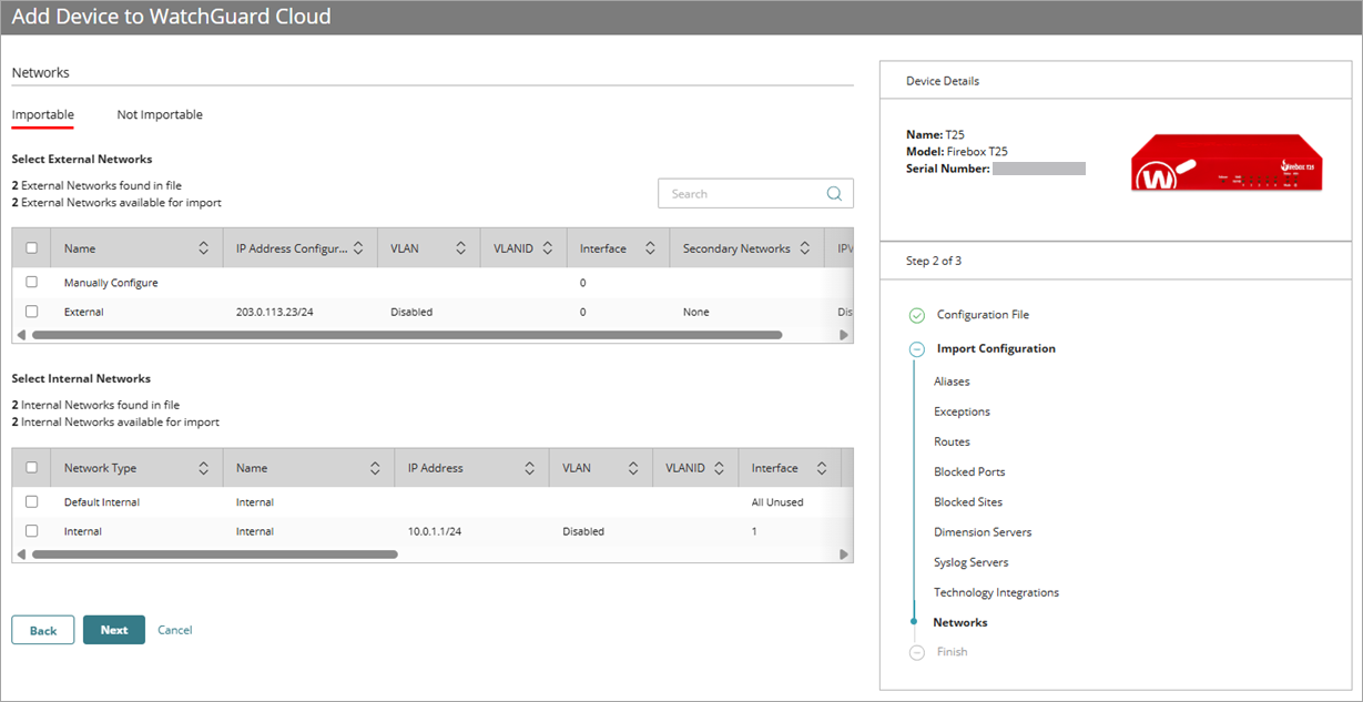 Screenshot of the Import Configuration wizard, Networks page