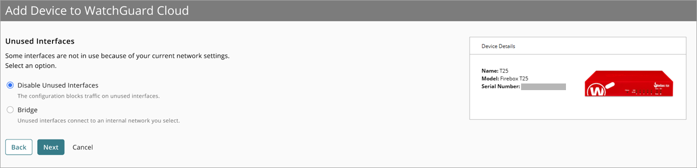 Screenshot of the Unused Interfaces page in the Add Device wizard