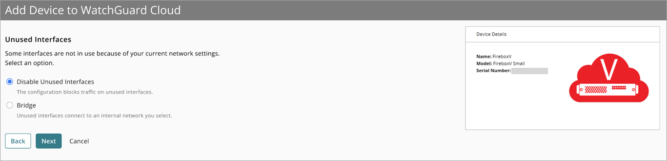 Screenshot of the Unused Interfaces page in the Add Device wizard