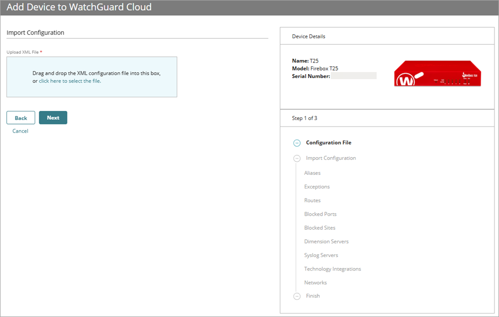 Screenshot of the Import Configuration page with the XML file upload box