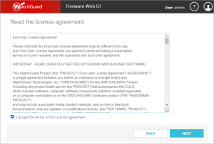 Screen shot of the license agreement page in the Firebox Cloud Setup Wizard