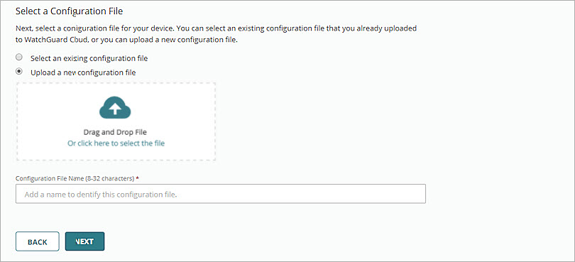 Screen shot of the Upload a new configurtaion file option