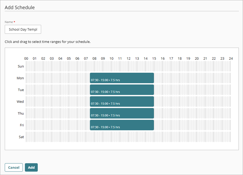 Screenshot of the Add Schedule page with multiple time slots selected