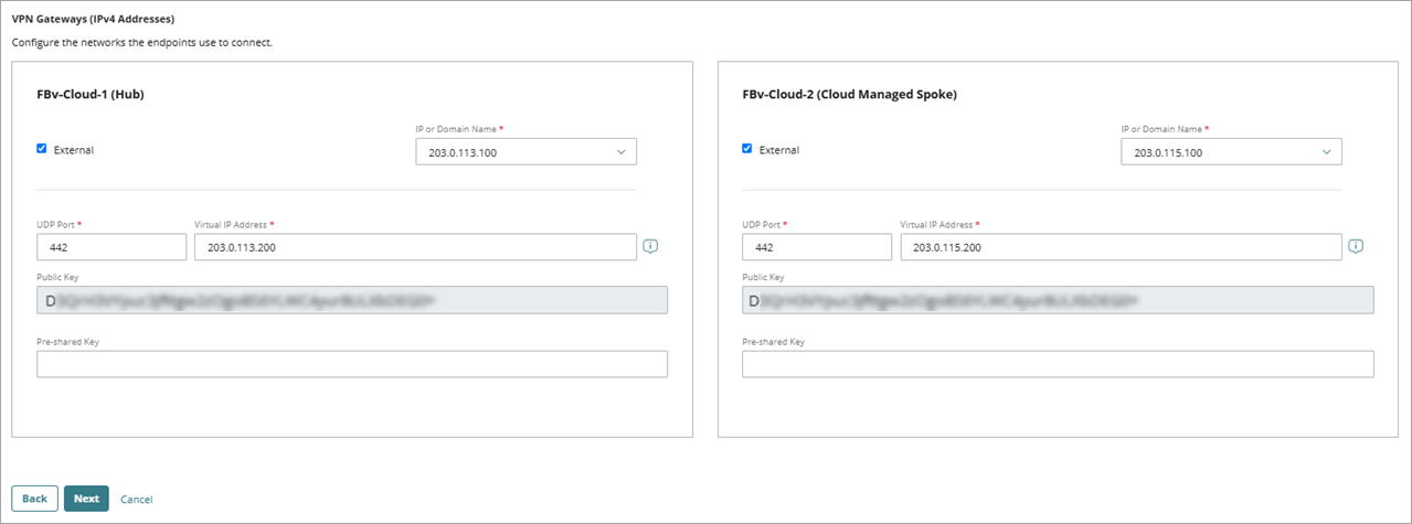 Screenshot of the VPN Gateways settings with virtual IP addresses