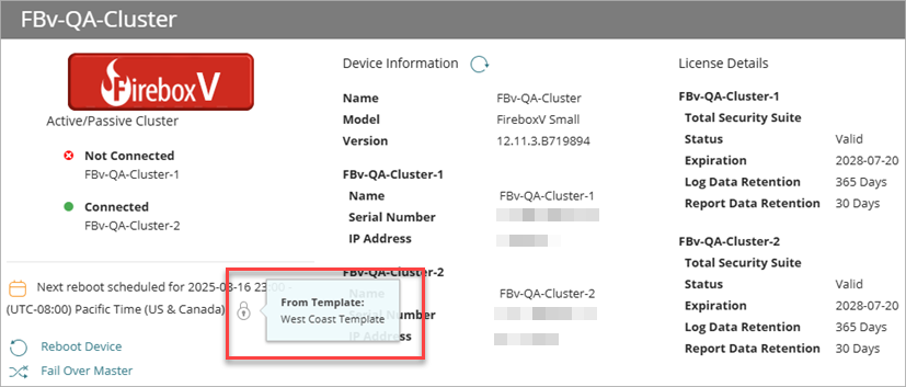 Screenshot of Device Settings with recurring reboot scheduled. Shows lock icon and popover that shows where the recurring reboot is configured.
