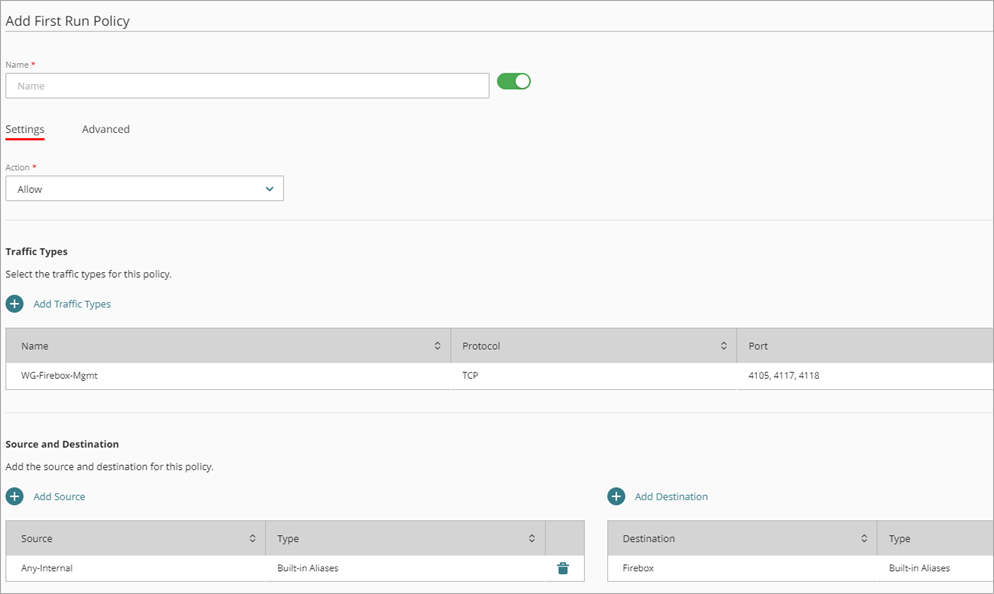 Screen shot of a first run policy for FireCluster Management with WatchGuard System Manager