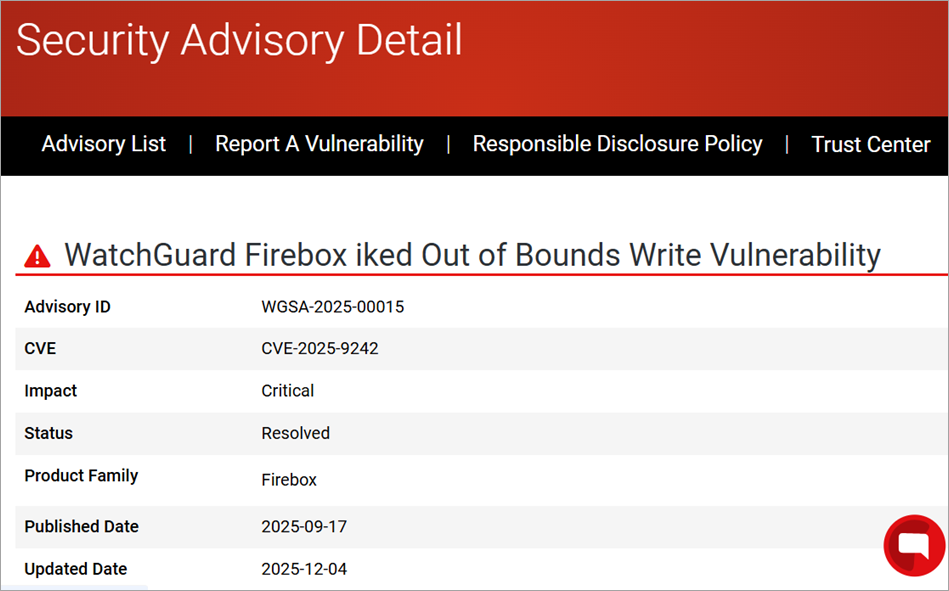 Screenshot of the Security Advisory Detail page