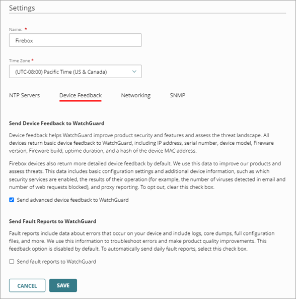 Screen shot of cloud-managed device configuration settings page, Device Feedback tab