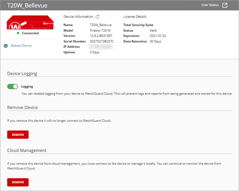 Screen shot of the Configure page for a cloud-managed Firebox