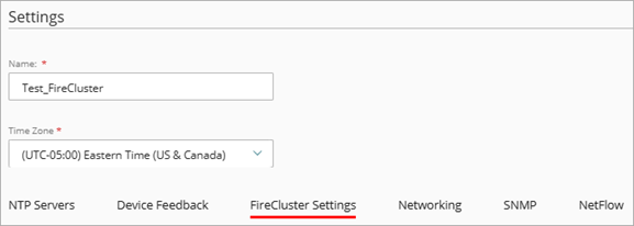 Screen shot of the Name and Time Zone settings for FireCluster