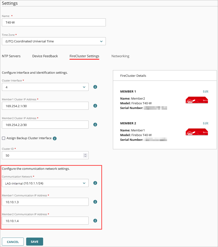 Screen shot of the FireCluster settings with LAG internal interface