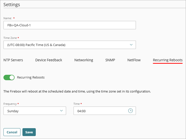 Screenshot of the Recurring Reboot settings on the Device Settings page