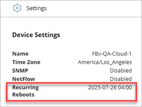 Screenshot of the Device Settings tile on the Device Configuration page. Shows next scheduled reboot date and time.