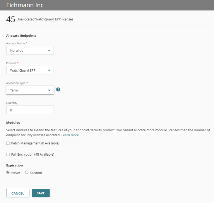 Screen shot of Endpoint Allocation page with modules