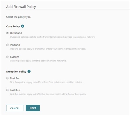 Screen shot of the Add Firewall Policy page, policy types selection