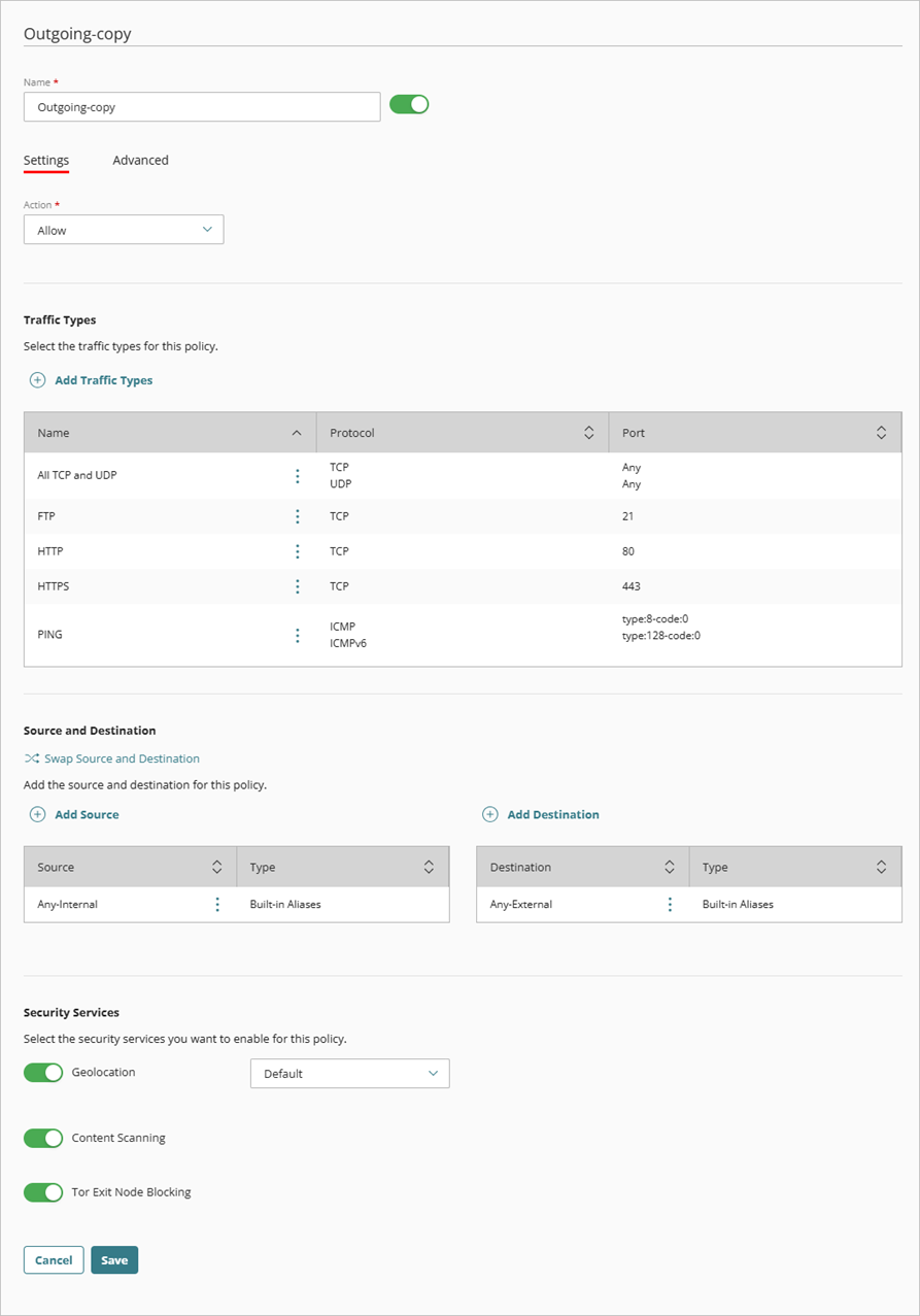 Screenshot of policy settings.