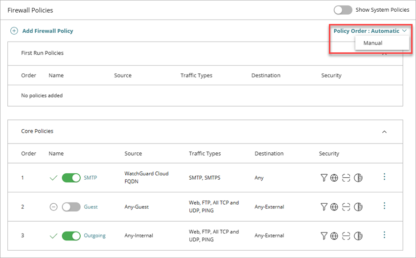 Screenshot of the Firewall Policies page with the Policy Order drop-down list highlighted