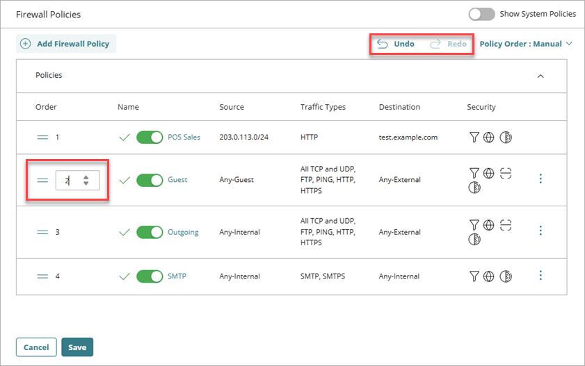 Screenshot of the Firewall Policies page with the Policy Order drop-down list highlighted