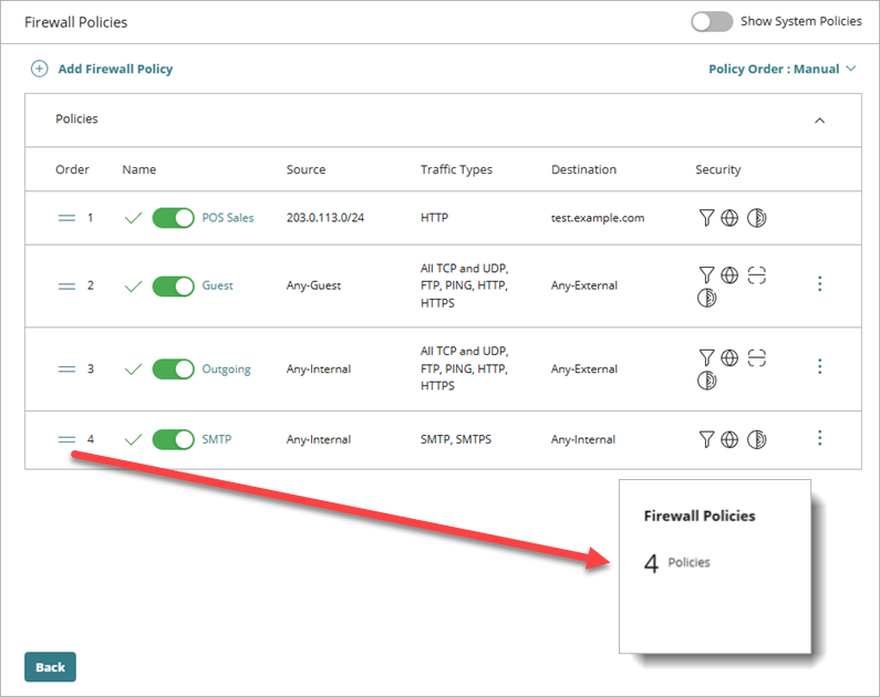 Screenshot of the Firewall Policies page in Manual Policy Order mode and the Firewall Policies widget on the Device Configuration page