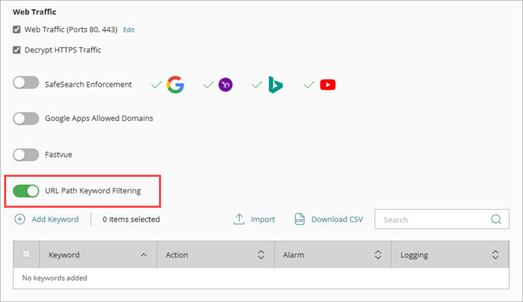 Screenshot of the Web Traffic section in an Outbound Policy with URL Path Keyword Filtering highlighted. 