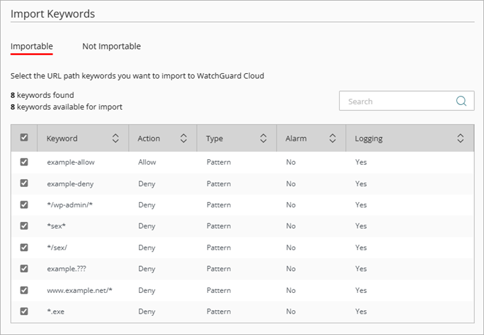 Screenshot of the Importable tab of the Import Keywords page with the CSV example list imported.