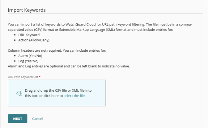 Screenshot of the Import Keywords page. 