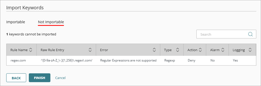 Screenshot of the Not Importable tab of the Import Keywords page with the XML examples.